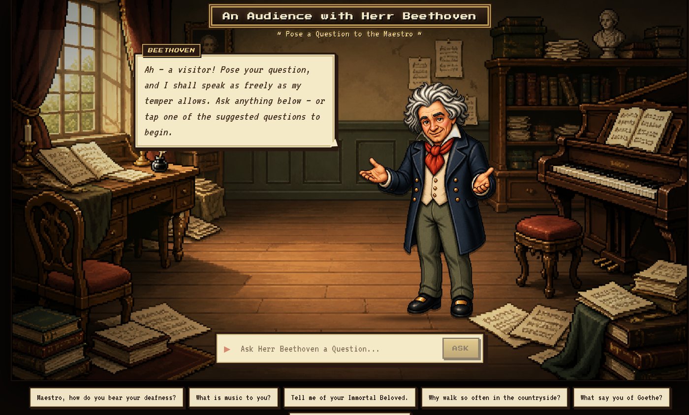 History Chat: Beethoven in his study, a dialogue box, and suggested questions