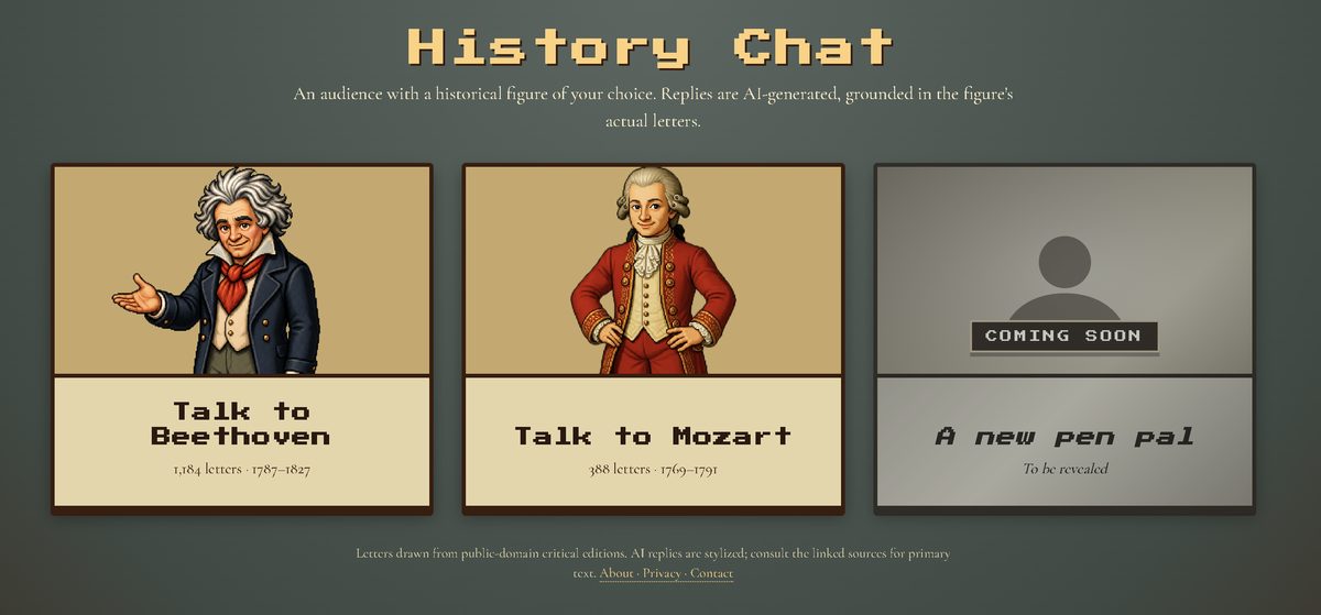History Chat: cards for Beethoven and Mozart on a dark green ground