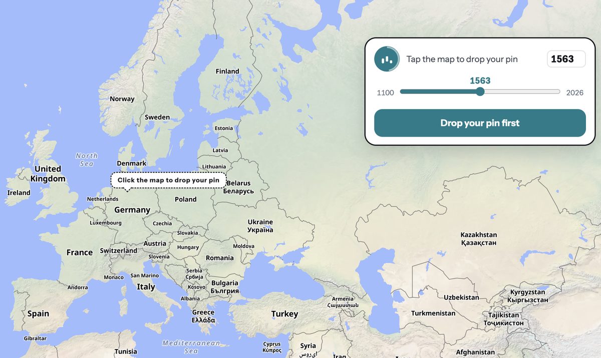 Longitune: a map of Europe with a prompt to drop a pin, and a year slider
